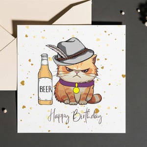 Anniversaire de chat humoristique personnalisé fait main sur le thème d'une bouteille de bière, chat mignon avec carte de bouteille de bière pour homme, carte de voeux chat aimant la bière