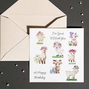 Gepersonaliseerde cartoongeitverjaardagskaart voor kinderen en volwassenen, grappige verjaardagskaart met geitenthema voor dierenliefhebbers, grappige cadeaus met dierenthema,