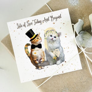Gepersonaliseerde kat bruid en bruidegom trouwkaart, elegante trouwkaart met smoking en bruidskat, kattenliefhebbers trouwkaart met katachtig paar