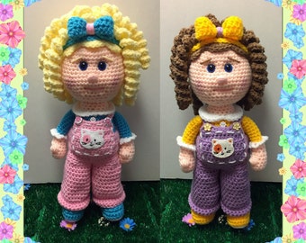 Gracie and Gabby crochet pattern, girl doll, curly hair, overalls (English PDF pattern only, this is not the finished doll)