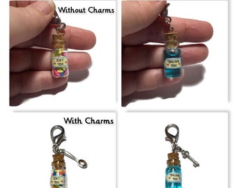 Stitch Markers/Alice In Wonderland/Drink Me/Eat Me/Lobster Clasp/Crochet stitch marker/Knitting stitch markers/stitch holder/Mini Cork Jar