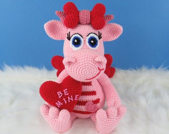 Dragon crochet pattern, Valentine Dragon, pink dragon (English PDF file only, this is not the finished doll)