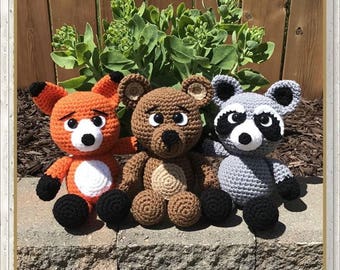 Fox, Bear and Raccoon Amigurumi crochet pattern, forest animals (English PDF crochet pattern only, this is not the finished doll)