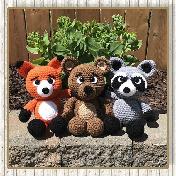 Fox, Bear and Raccoon Amigurumi crochet pattern, forest animals (English PDF crochet pattern only, this is not the finished doll)