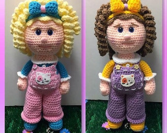 Gracie and Gabby crochet pattern, girl doll, curly hair, overalls (English PDF pattern only, this is not the finished doll)