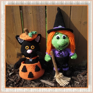 Witch and Black Cat crochet pattern, Halloween, cute, pumpkin (English PDF file only, this is not the finished doll) Witch, Cat in a pumpkin
