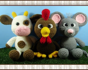 Rooster, Cow and Mouse Amigurumi crochet pattern, farm animals (English PDF pattern only, this is not the finished doll)