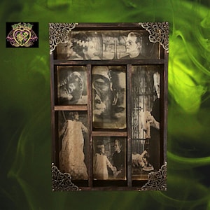 Bride and Frankenstein Monster. Cabinet of curiosities