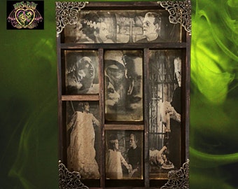 Bride and Frankenstein Monster. Cabinet of curiosities