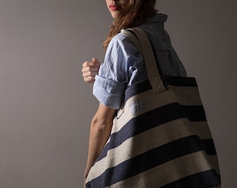 Handmade reclaimed canvas oversize beach bag/tote in white and blue straps