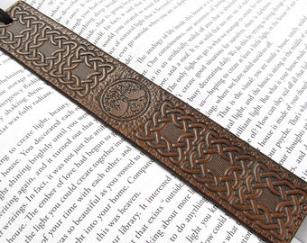 Tree of Life Leather Bookmark w/Celtic Knotwork, Luxury Page Marker Custom Made in Brown, Mahogany, Black, Tassel Option, Free Gift Sleeve