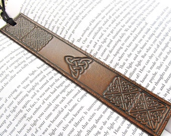Leather Bookmark w/Trinity Knot + Knotwork, Premium Irish/Celtic Leather Page Marker, Brown/Black/Tan/Mahogany, Shipped Gift Ready!