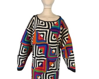 Vintage Jennifer Reed Handmade Knit Retro 80s 90s Oversized Tunic Sweater Size Medium