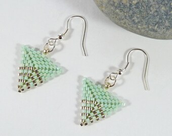 Light Green Triangle Earrings, Beaded Triangle, Geometric, Pastel Green Colour, Women's Gift, Glass Seed Beads, Modern Everyday Drop Earring