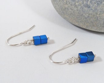 Small Blue Hematite Dangle Earrings, Simple Gemstone Drops, Minimal, 925 Silver, For Her, Everyday Wear, Tiny Metallic Blue Cube Bead Drops