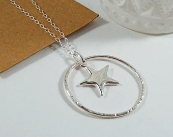 Long Circle and Star Pendant Necklace, Long Silver Necklace, Gift for Sister, Daughter Gift, Sterling Silver Star, Modern, Eternity Necklace