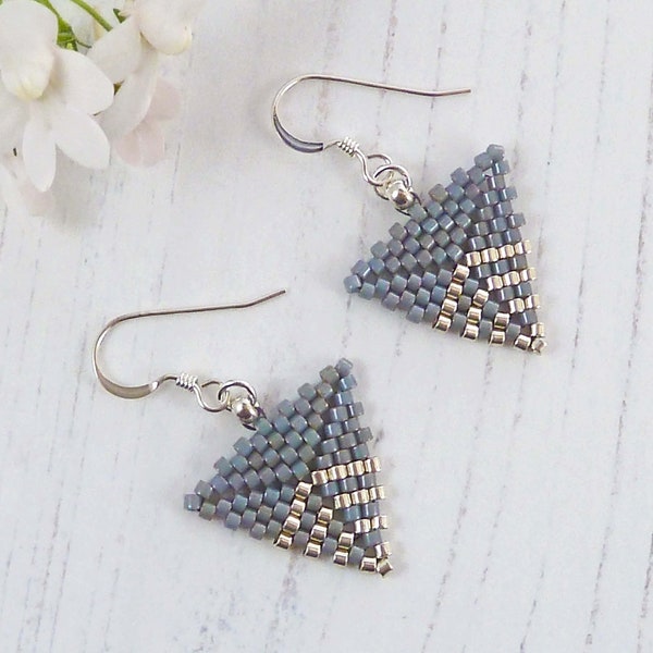 Dark Grey Geometric Triangle Dangle Earrings, Modern Smoke Grey Earrings, Seed Bead Drops, Gift for Woman, On Trend Contemporary Jewelry