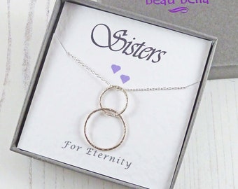 Sisters Silver Necklace, Birthday Gift For Sister, Eternity Circle Pendant, Special Message, Two Entwined Circles, Sister Thoughtful Gift