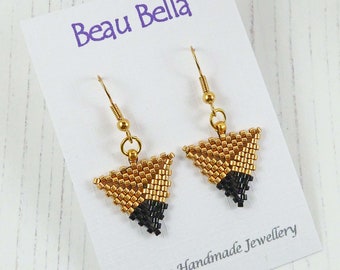 Gold Triangle Earrings, Minimalist Geometric Earrings, Girlfriend Gift, For Her, Seed Bead Earrings, Black Dipped Triangle, On Trend Jewelry