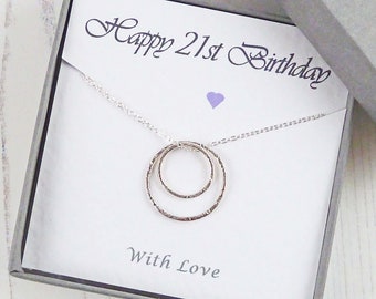 21st Birthday Necklace, Silver Eternity Circles, Happy 21st Birthday Gift, Keepsake Gift for Her, Twenty One Today, Sterling Silver Pendant