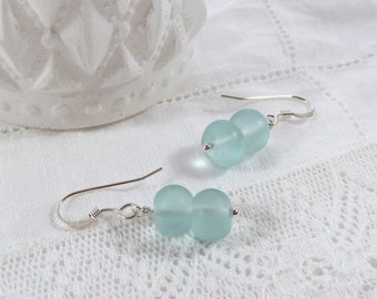 Frosted Aqua Earrings, Sea Glass Style Earrings, Mum Gift, Womens Gift, Sterling Silver, Pale Turquoise, Ocean Jewelry, Simple Bead Earrings