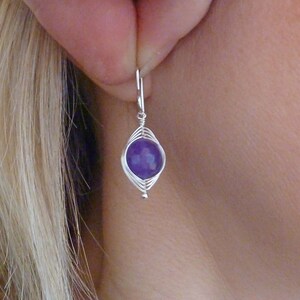 Purple Amethyst Dangle Earrings, February Birthstone, Sterling Silver, 6th Wedding Anniversary, Birthday Gift, Wire Wrap Gemstone Jewellery