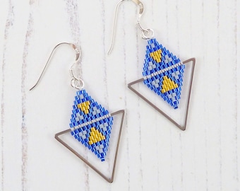 Blue and Yellow Triangle Earrings, Colourful Beaded Triangles, Metal Frame, Seed Beads, Geometric Jewelry, Gift for Her, Modern Bead Earring