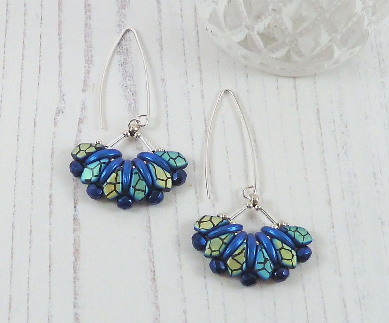 Long Fan Earrings, Blue Bead Earrings, Long V Hooks, Bold Pattern, Very Long Dangles, Sterling Silver, Women's Gifts, Statement Beaded Drops image 5