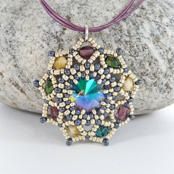 Amethyst Flower Necklace, Swarovski Pendant, Mother's Day Gift, For Her, Green, Cream, Beadwork Jewellery, Rivoli Necklace, Flower Pendant