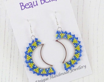 Beaded Half Moon Earrings, Royal Blue Green and Yellow, Crescent Earrings, Seed Beads, Metal Frame, Gift For Her, Colourful Summer Jewellery