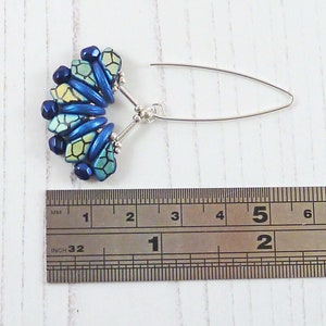 Long Fan Earrings, Blue Bead Earrings, Long V Hooks, Bold Pattern, Very Long Dangles, Sterling Silver, Women's Gifts, Statement Beaded Drops image 3