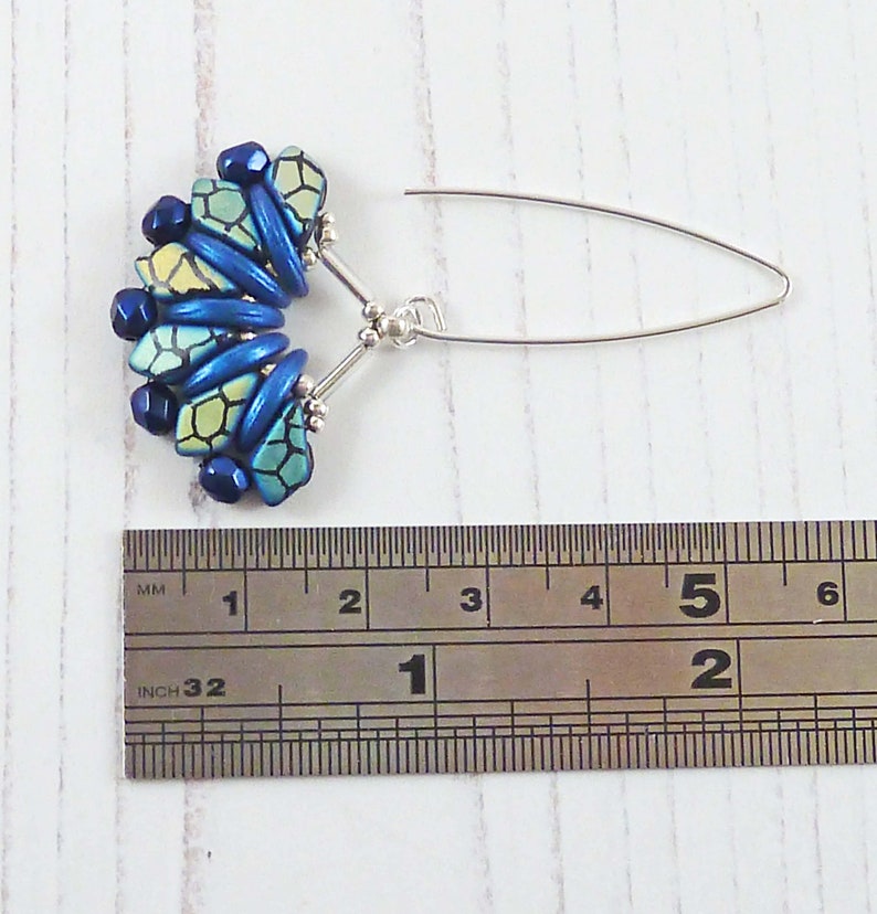 Long Fan Earrings, Blue Bead Earrings, Long V Hooks, Bold Pattern, Very Long Dangles, Sterling Silver, Women's Gifts, Statement Beaded Drops image 3