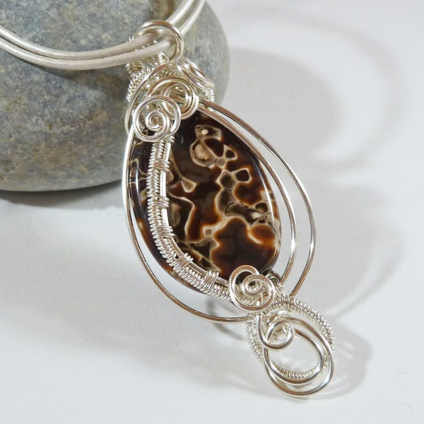 Mystic Agate Necklace, Wire Wrapped Pendant, Brown Gemstone Necklace, Semi Precious, Christmas Gift, Elegant, Ornate, Wirework Swirl Pendant