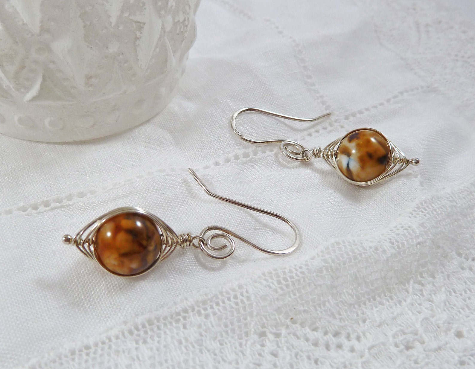 Brown Gemstone Dangle Earrings Sterling Silver Mystic Agate Etsy
