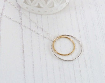 Gold and Silver Circles Necklace, Eternity Necklace, Friend Gift, Sterling Silver, Hammered Rings, Karma, Lightweight, Two Circle Pendant