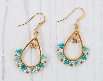 Gold Beaded Teardrop Earrings, Teal Turquoise Green & White, Handstitched with Seed Beads, Gift for Her, Women's Birthday, Modern Jewellery