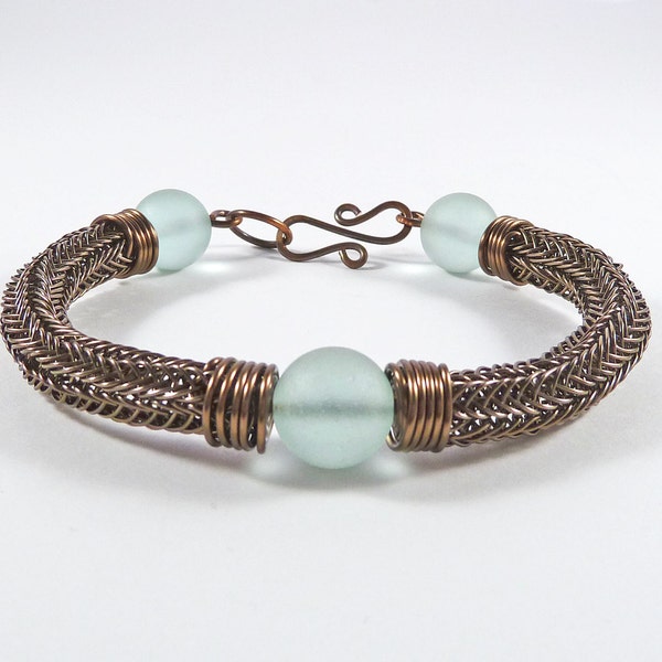 Viking Knit Sea Glass Bracelet, Rustic Ladies Bracelet, Brown Copper Wire, Wife Gift Idea, Norse Jewelry, Viking Weave, Wirework Bracelet