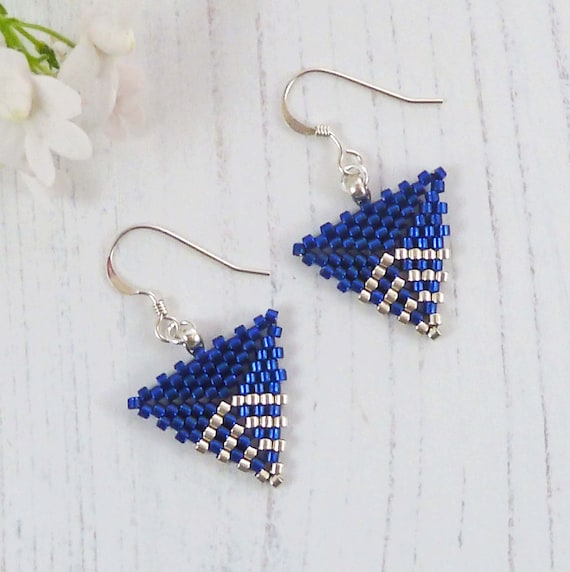 Navy Blue Triangle Earrings Blue Beaded Earrings Women s Gift