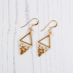 Small Gold Triangle Earrings, MADE TO ORDER, Beaded Triangles, Gift for Her, Gold Metal Frame, Tiny Beads, Modern Dainty Geometric Earrings