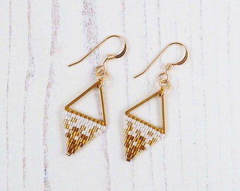 Small Gold Triangle Earrings, MADE TO ORDER, Beaded Triangles, Gift for Her, Gold Metal Frame, Tiny Beads, Modern Dainty Geometric Earrings