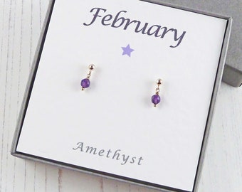 Amethyst Stud Earrings for February Birthday, February Birthstone Jewellery with Gift Card, Sterling Silver, Tiny Purple Gemstone Earrings