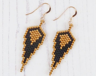 Long Gold & Black Wing Earrings, Angel Wings, Feather Shape Earrings, Loved One Gift, Seed Beads, Made To Order, Guardian Angel Jewellery