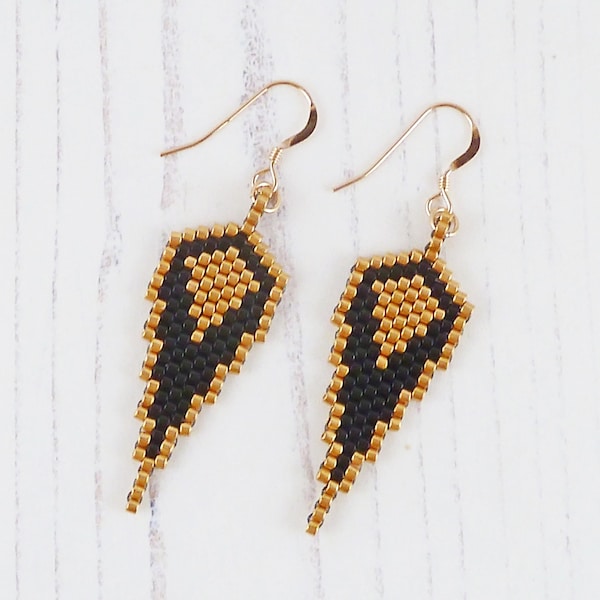 Long Gold & Black Wing Earrings, Angel Wings, Feather Shape Earrings, Loved One Gift, Seed Beads, Made To Order, Guardian Angel Jewellery
