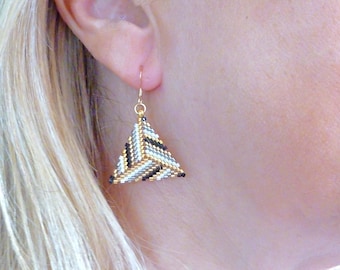 Gold Black & White Triangle Earrings, Dangle Drop Triangles, Stripe Earrings, Women's Gifts, Seed Beads, MADE TO ORDER, Woven Bead Triangle