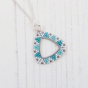 Beaded Green Triangle Necklace, Geometric Pendant, Turquoise Teal White, Metal Frame, Made To Order, Gift for Her, Modern Seed Bead Jewelry