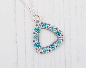 Beaded Triangle Necklace, Turquoise Green White, MADE TO ORDER, Geometric, Frame Necklace, Teal, Gift for Her, Modern Seed Bead Jewellery