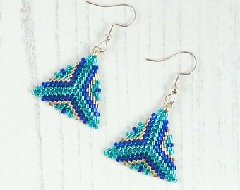 Blue Pattern Triangle Earrings, Geometric Dangle Earrings, Native American Inspired, Gift for Her, Navy & Turquoise, Seed Bead Jewellery