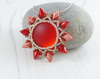 Shiny Red Flower Necklace, Beaded Flower Pendant, Light Catching Stone, Gift For Her, Statement Bridesmaid Jewellery, Vibrant Red Necklace