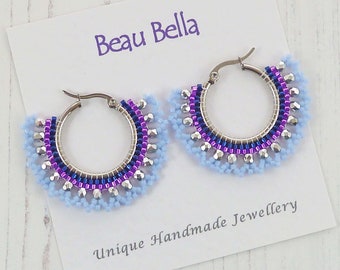 Purple & Blue Beaded Hoop Earrings, Large Statement Hoops, Stainless Steel, Latched Back, Colourful, Beautiful Hand Stitched Bead Earrings