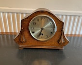 Vintage 1930s Westminster Chiming Mantle Clock in Engraved Oak Arch Shaped Case